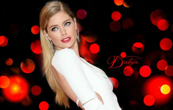 Взгляд, девушка, модель, Doutzen Kroes, блондинка, черный фон, голубые глаза