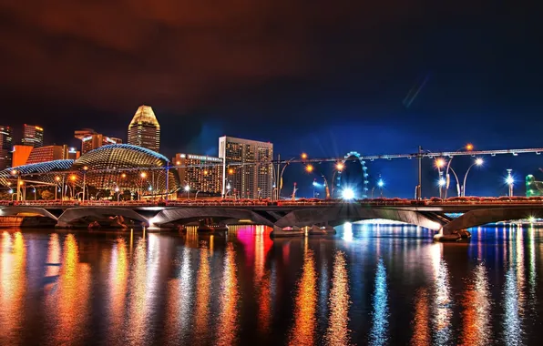 Вода, мост, город, отражение, ночной, сингапур