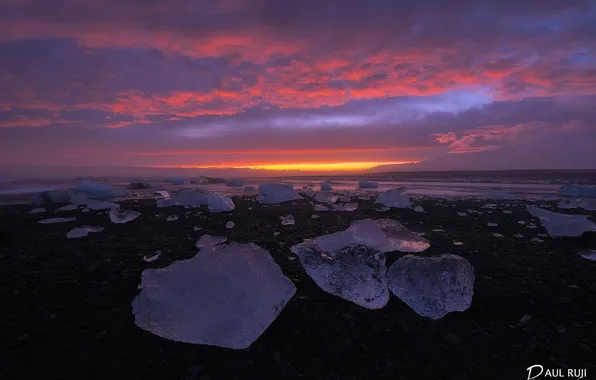 Пляж, берег, лёд, вечер, Исландия, ледниковая лагуна Йёкюльсаурлоун