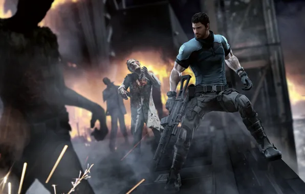 Фантастика, заражение, автомат, зомби, мужчина, biohazard, Resident Evil, capcom