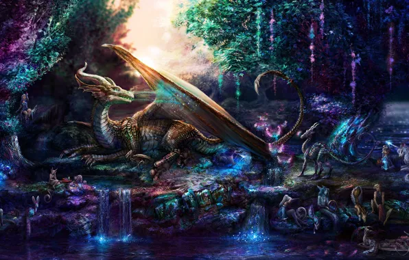 Картинка дракон, мистика, эльфы, чудеса, сказочный лес, фавн