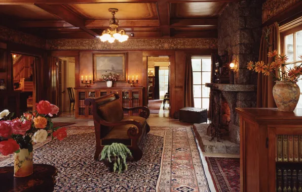 Дизайн, комната, интерьер, камин, гостиная, английский стиль, Lanterman House