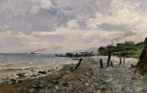 Картинка берег, корабль, дома, картина, морской пейзаж, Карлос де Хаэс, Побережье Виллервиля