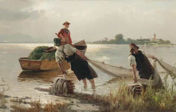 Картинка 1880, German painter, немецкий живописец, oil on canvas, Карл Рауп, Karl Raupp, Chiemseefischer, Fishermen on …