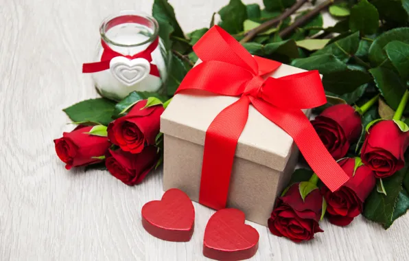 Картинка любовь, подарок, розы, сердечки, красные, red, love, romantic
