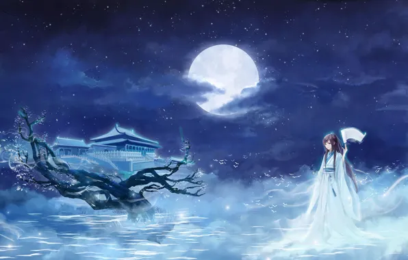 Девушка, звезды, облака, ночь, Луна, сакура, храм, кимоно