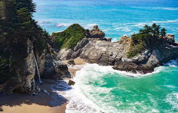 Картинка waves, ocean, California, rocks, waterfall, tide, cliff, McWay Falls