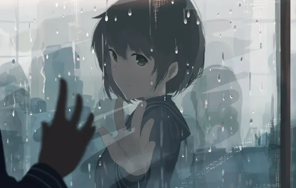 Rain, blue, eyes, anime, art, mifuru