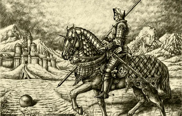 Конь, рисунок, графика, доспехи, всадник, крепость, средневековье, Рыцарь