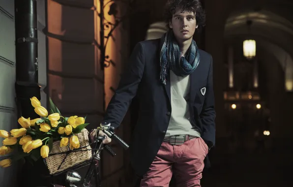 Картинка цветы, велосипед, улица, корзина, шарф, фонарь, арка, тюльпаны