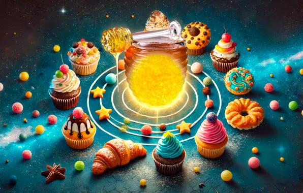 Картинка honey, sweets, cupcakes, croissants, ai art