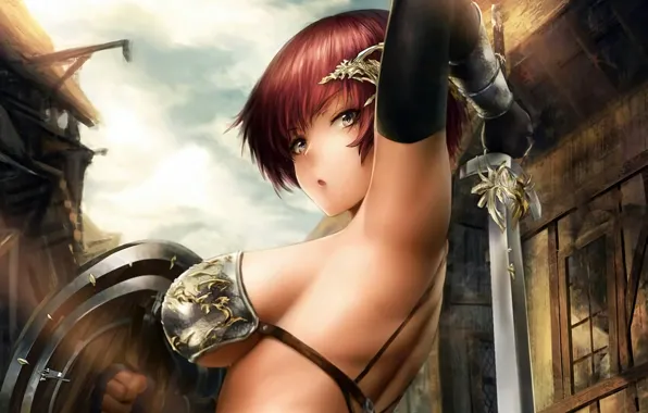 Girl, sword, sexy, bra, cleavage, boobs, anime, beautiful