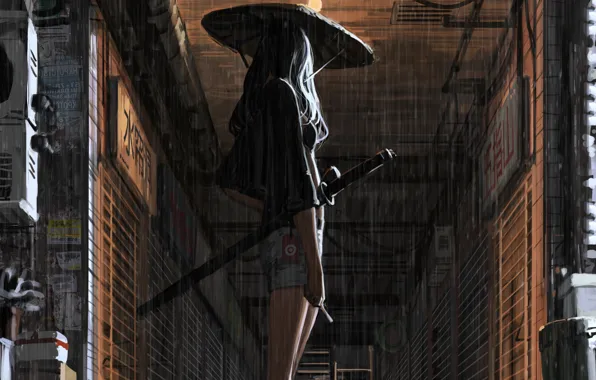 Картинка девушка, оружие, дождь, спина, япония, арт