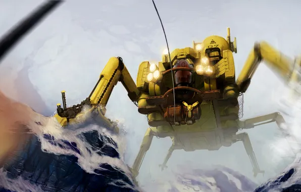 Картинка снег, горы, человек, робот, паук, лапы, кабина, модуль