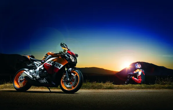 Картинка закат, мотоцикл, Honda, мотоциклист, блик, хонда, CBR, Fireblade