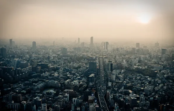 Картинка дорога, дым, здания, Азия, Tokyo, Japan, токио, винтаж