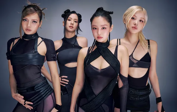 Картинка музыка, фон, портрет, группа, в черном, Blackpink, девушки, азиатки