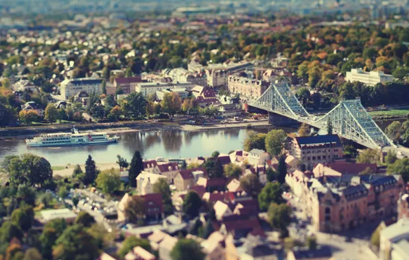 Картинка осень, мост, город, река, дома, Германия, Дрезден, Tilt Shift