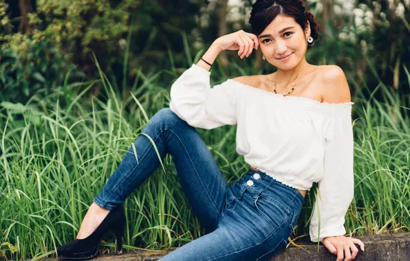 Girl, grass, blouse, beautiful, short hair, pretty, jeans, asian
