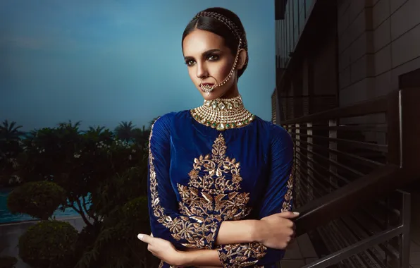 Model, pose, indian, blue dress, jewelery, traditional dress, nose ring