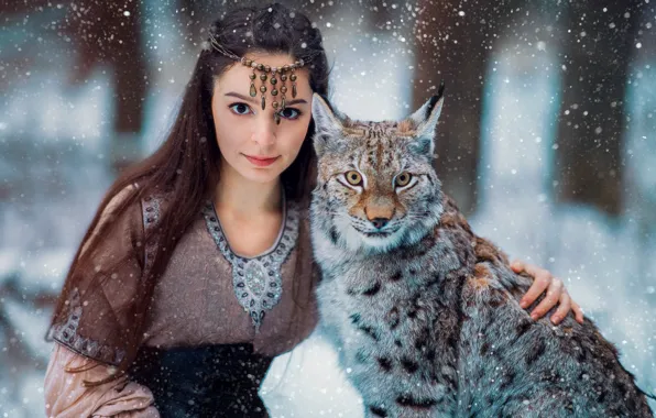 Взгляд, девушка, снег, лицо, рысь, друзья, дикая кошка, длинные волосы