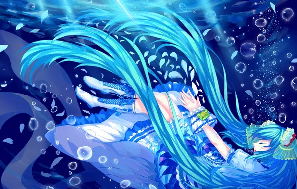 Картинка девушка, пузырьки, лепестки, арт, vocaloid, hatsune miku, под водой, вокалоид