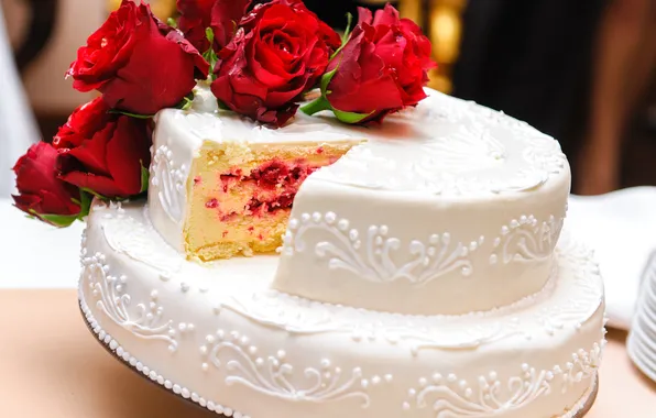 Картинка цветы, еда, розы, торт, красные, десерт, глазурь, свадебный