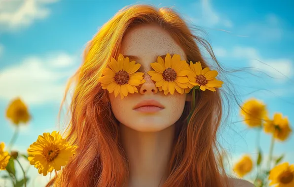 Лето, девушка, цветы, синева, желтые, рыжеволосая, ИИ-арт, нейросеть