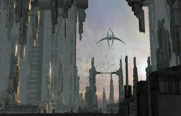 Sky, clouds, spaceship, towers, Shadow City
