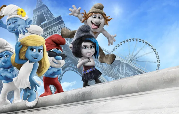 Картинка город, Париж, гномы, Эйфелева башня, Paris, Eiffel tower, Смурфики 2, The Smurfs 2