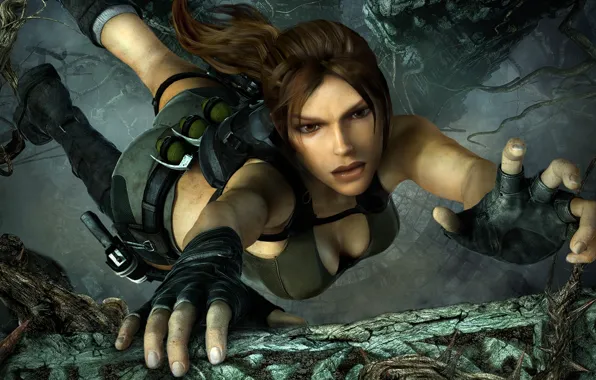 Картинка прыжок, игра, перчатки, Tomb Raider, lara croft, выступ, цепляется