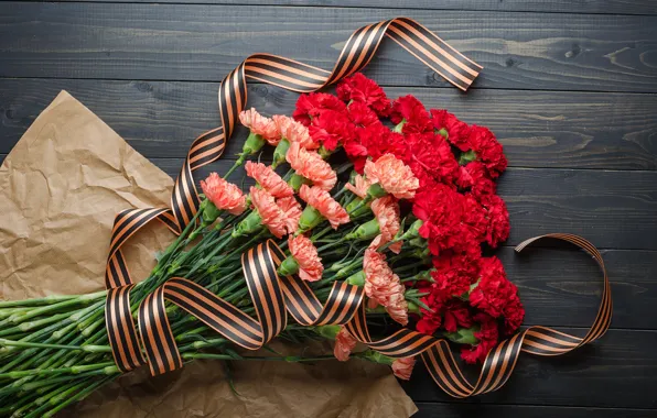 Картинка цветы, букет, георгиевская лента, red, 9 мая, flowers, гвоздики, Victory Day