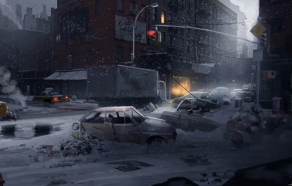Картинка зима, снег, город, солдаты, apocalypse