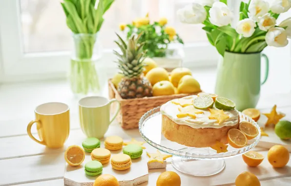 Цветы, лимон, печенье, торт, лайм, ваза, десерт, macaroon