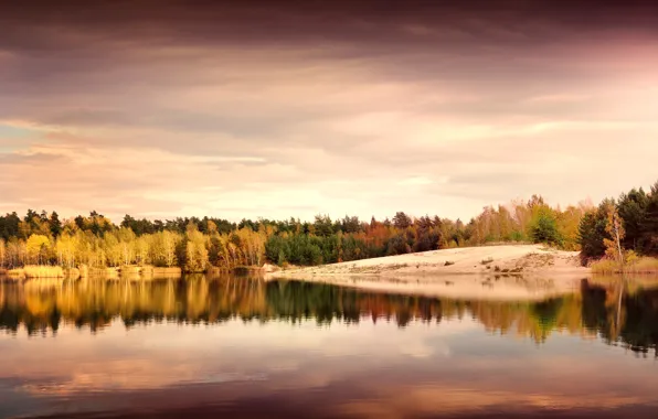 Картинка осень, листья, деревья, пейзаж, природа, озеро, отражение, берег