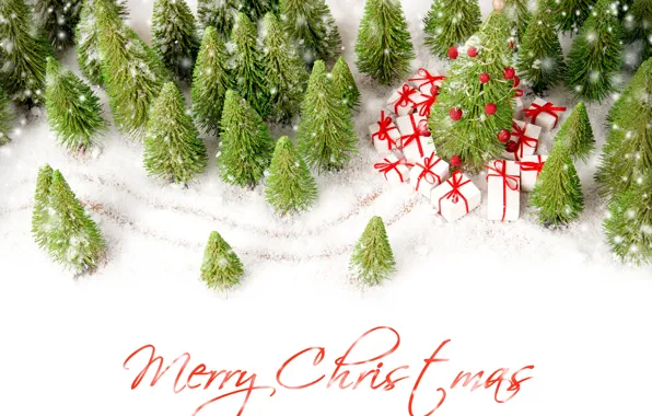 Картинка снег, надпись, Рождество, подарки, Новый год, пожелание, ёлки