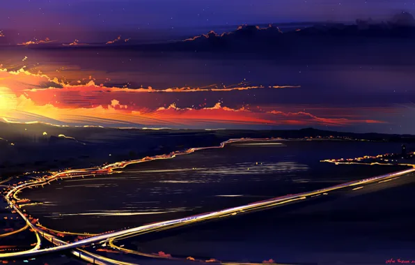 Картинка солнце, пейзаж, закат, вечер, арт, sunset, art, Illustration