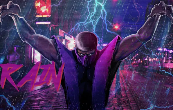 Обои Рисунок, Музыка, Дождь, Фон, Молнии, Арт, Mortal Kombat, Rain.
