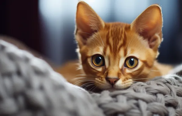 Кошка, взгляд, поза, котенок, портрет, рыжий, мордашка, вязаная вещь