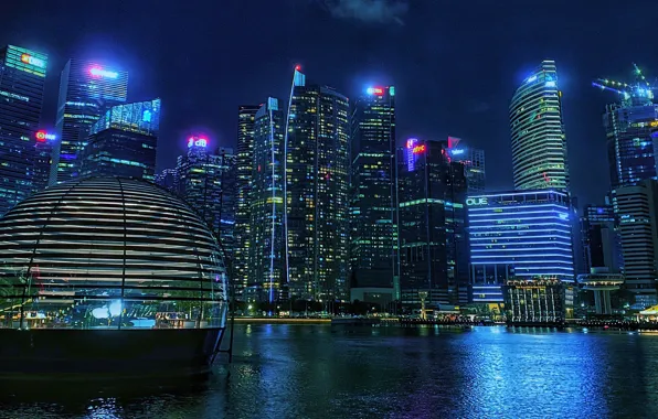 Здания, залив, Сингапур, ночной город, небоскрёбы, Singapore, Marina Bay, Марина-Бэй