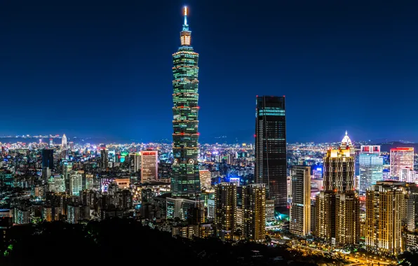 China, здания, панорама, Китай, Тайвань, ночной город, Тайбэй, небоскрёб