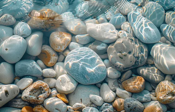 Вода, свет, полоски, галька, блики, камни, дно, текстура