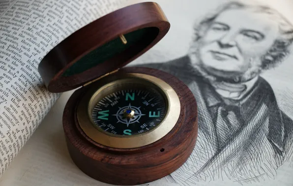 Text, wood, book, compass, portrait