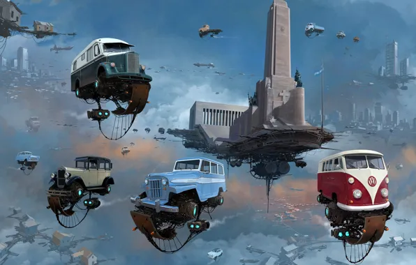 Небо, Авто, Город, Ретро, Машина, Машины, City, Fantasy