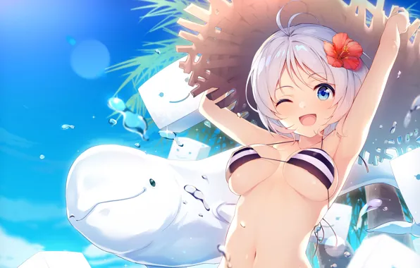 Girl, sexy, cleavage, boobs, anime, blue eyes, beautiful, short hair