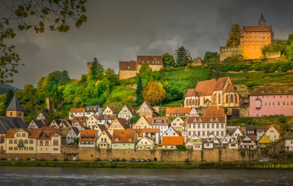 Картинка осень, река, здания, дома, Германия, Germany, Гессен, Neckar River