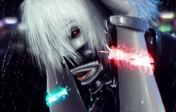Ночь, дождь, монстр, арт, мужчина, Tokyo Ghoul, Ken Kaneki, Токийский Гуль
