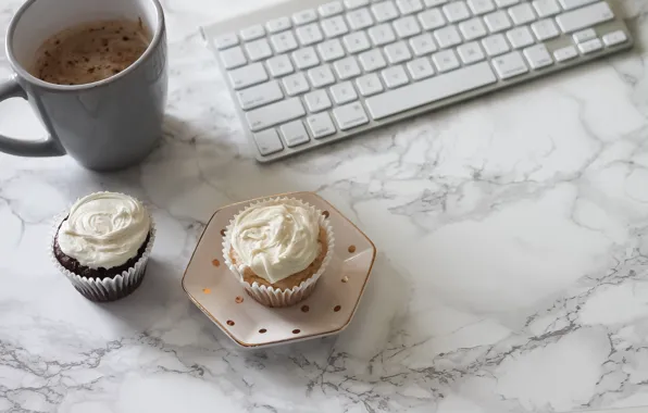 Кофе, клавиатура, coffee cup, cupcake, кексы, keyboard, marble