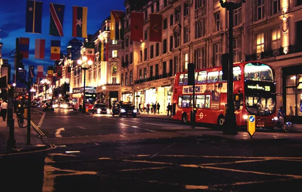 Картинка дорога, машины, ночь, город, люди, Англия, Лондон, здания