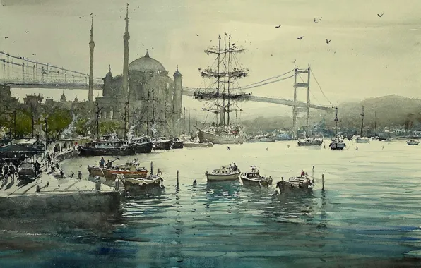 Мост, лодка, корабль, картина, акварель, мечеть, Стамбул, минарет